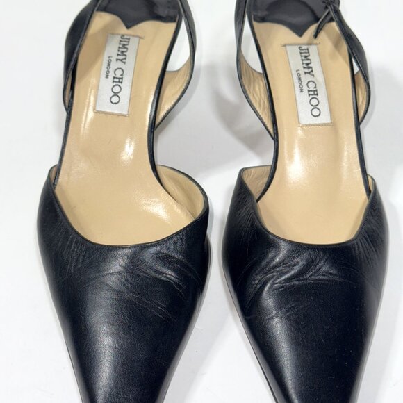 VTG Jimmy Choo Black Leather Pointed Slingback Kitten Pumps Stiletto Heels 41 11 - Picture 2 of 13